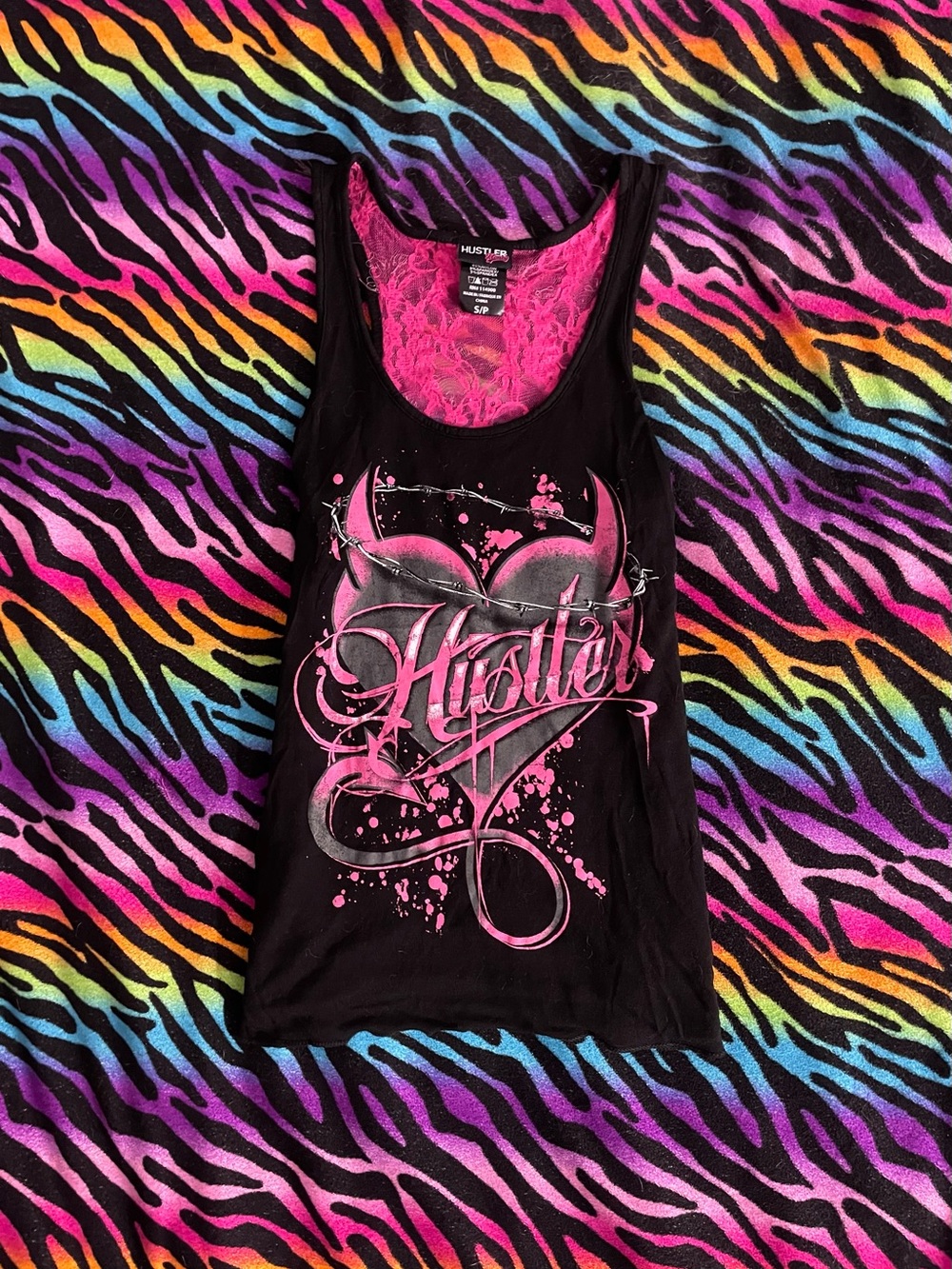 Y2k grunge goth rare Hustler Pink Heart lace Racerback Tank Top